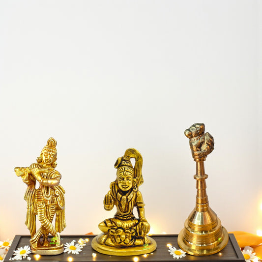 Handcrafted Brass Krishna, Shiva and Temple Bell Set | Hindu Puja Mandir Decor | Vastu Spiritual Showpiece | Gift for Housewarming & Festivals | Gift Hamper