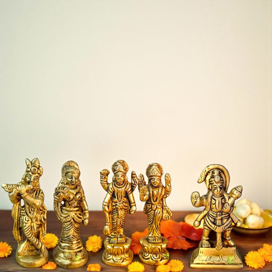 Brass Hindu God Idol Set – Vishnu Laxmi, Hanuman & Radha Krishna | Handcrafted Murti for Puja Room | Vastu Decor for Home & Office | Gift for Diwali, Navratri | Gift Hamper