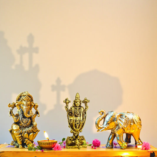 Brass Gift Combo – Ganesh, Balaji & Elephant Idols – Home Décor, Pooja, Diwali Return Gift - Gift Hamper