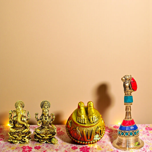Brass Temple Bell with Laxmi Ganesh Statue & Balaji Charan – Perfect Diwali, Pooja Room & Housewarming Gift Combo – Traditional Indian Brass Décor Set