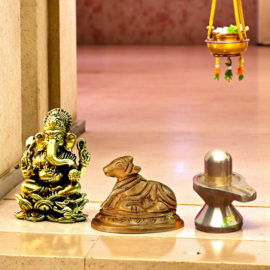 Brass Ganesh, Shivling & Nandi Gift Set – Perfect for Diwali, Housewarming, Pooja Room, and Religious Gifts – Traditional Indian Brass Murti Combo