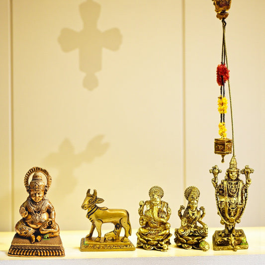 Brass Cow with Calf, Kuber, Laxmi Ganesh & Balaji Idol Gift Set – Hindu Pooja Statues Combo for Diwali, Housewarming, Vastu, Spiritual Blessings (Set of 4)