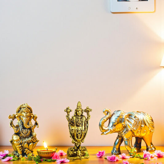 Brass Idol Set – Ganesh, Balaji & Elephant – Hindu Pooja & Gift Combo for Home Temple, Diwali & Spiritual Décor