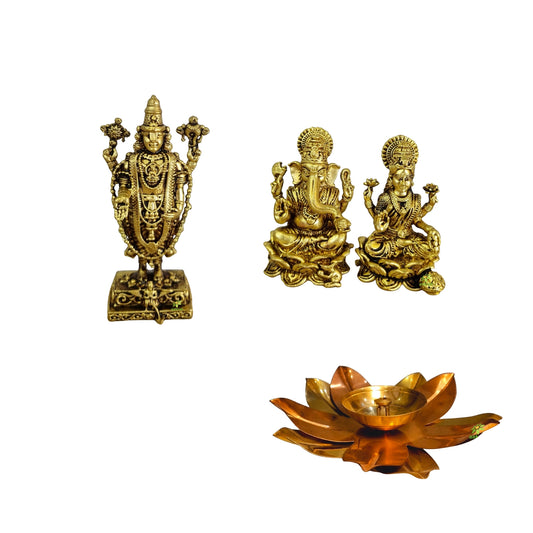 Brass Gift Combo – Laxmi Ganesh Idol, Balaji Statue & Traditional Pooja Diya – Ideal for Diwali, Wedding Return Gift & Home Temple Décor