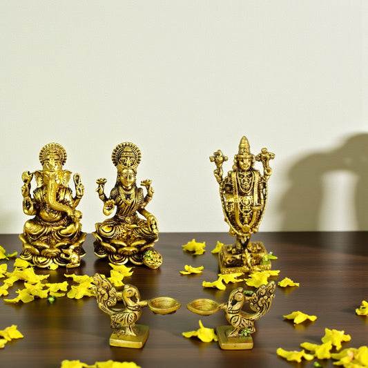 Brass Diya Set with Laxmi Ganesh and Balaji Idols – Antique Finish Spiritual Gift Combo for Home Temple, Diwali Pooja & Festive Decoration