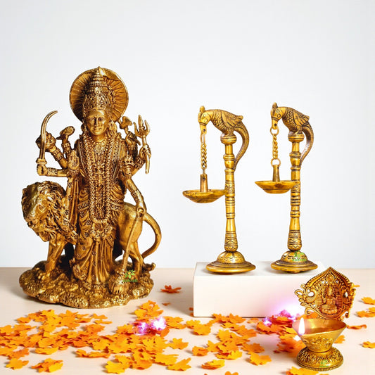 Brass Gift Combo – Durga Ji Murti, Plain Diya & Peacock Diya Set | Handcrafted Pooja Decor for Diwali, Navratri & Housewarming | Gift Hamper