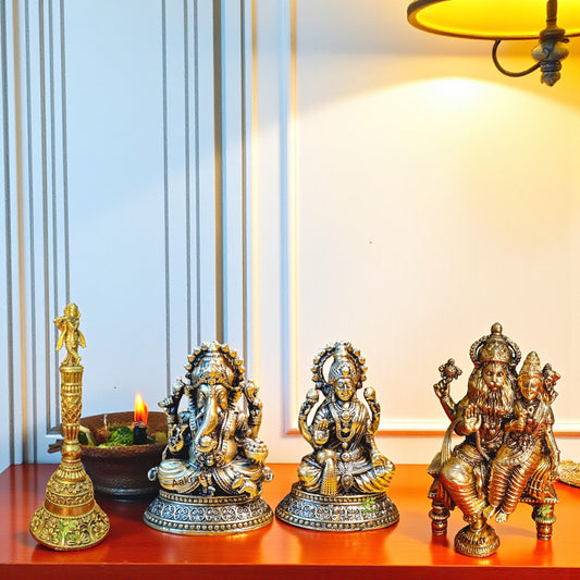 Brass Gift Set – Narsimha Murti, Laxmi Ganesh Statues with Pooja Bell | Ideal for Home Temple, Festivals & Gifting