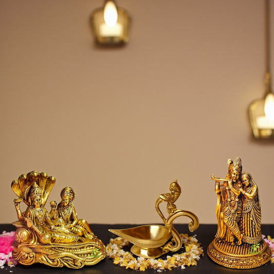 Brass Gift Set – Radha Krishna Murti, Laxmi Narayan Idols & Diya Lamp | Ideal for Home Temple, Festival Rituals & Gifting