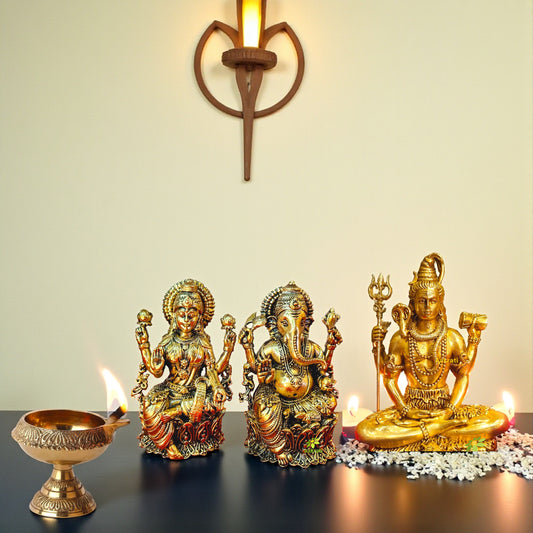 Traditional Brass Combo – Shiva, Laxmi Ganesh Idols with Pooja Diya | Perfect Religious Gift for Diwali & Spiritual Decor | Gift Hamper