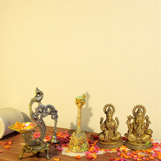 Diwali Pooja Combo – Brass Lakshmi Ganesh Statue, Temple Bell & Diya | Festival Gift Set