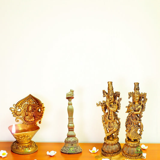 Brass Radha Krishna Statue with Bell and Diya Combo | Puja Gift Set for Home Mandir | Traditional Indian Religious Decor | Housewarming, Festival Gift