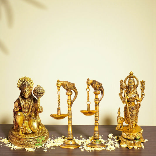 Brass Idol Set – Lord Murugan, Hanuman & Diya Pair | Hindu Religious Gift Combo | Handcrafted Puja Set for Mandir | Ideal for Diwali, Housewarming & Spiritual Decor