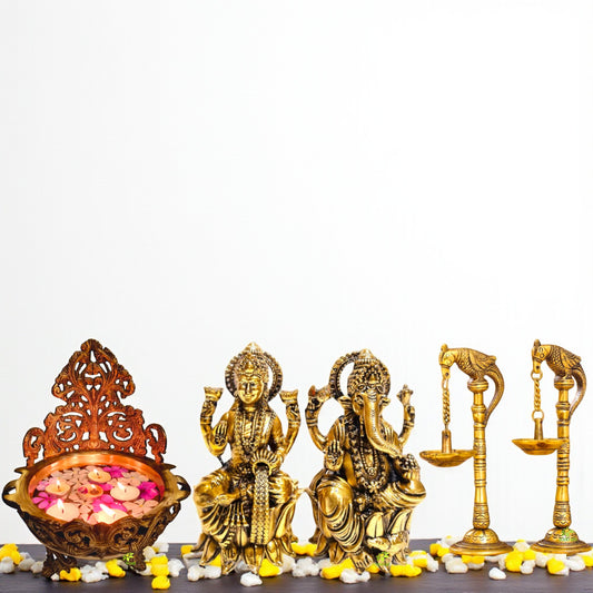 Brass Urli with Diya Pair & Lakshmi Ganesh Idols Gift Combo | Handcrafted Puja Set | Home Temple & Festive Decor | Ideal for Diwali, Housewarming, Wedding | Gift Hamper