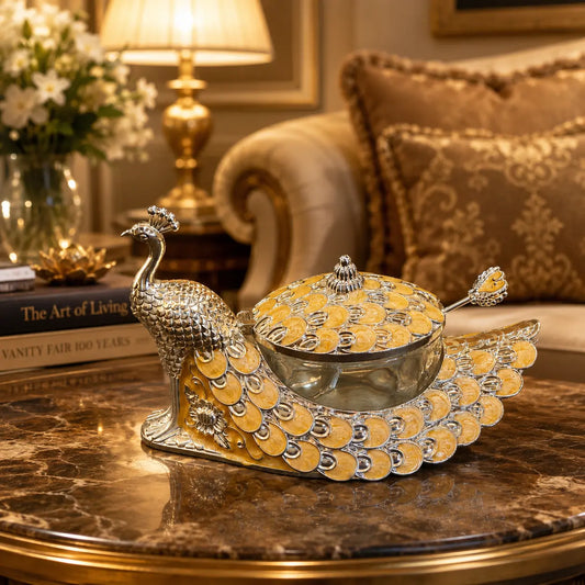 Royal Peacock Luxury German Silver Dry Fruit Bowl with Lid – Premium Decorative Serving Bowl for Dry Fruits & Gifts