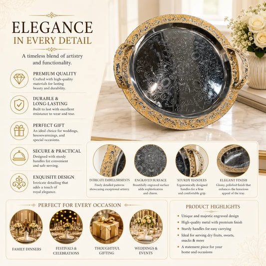 Luxury Dry Fruit Tray Round Handle |Perfect for Diwali, Wedding Return Gifts, Housewarming & Table Decor | Festive & Corporate Gift By Aakrati
