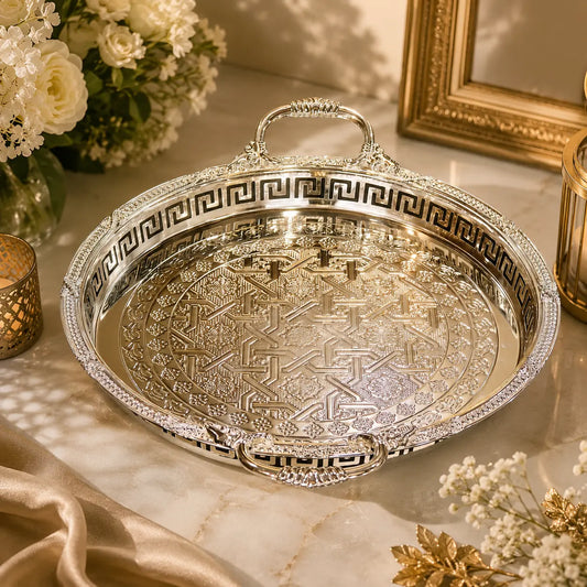 Premium Silver Round Serving Tray | Elegant Gift for Diwali, Wedding Return Gifts, Housewarming & Table Decor | Festive & Corporate Gift By Aakrati