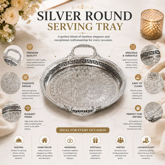 Premium Silver Round Serving Tray | Elegant Gift for Diwali, Wedding Return Gifts, Housewarming & Table Decor | Festive & Corporate Gift By Aakrati