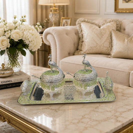 Premium Peacock Serveware Set of 3 | Dry Fruit & Cheese Board, Appetizer Tray with Candy Bowls | Premium Tableware for Home Entertaining & Modern Serving | Wedding, Housewarming & Corporate Gifts | By Aakrati