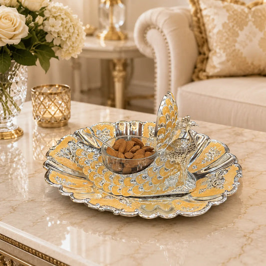 Premium Peacock Serveware Set of 2 | Dry Fruit & Cheese Board, Appetizer Tray with Candy Jar | Premium Tableware for Home Entertaining & Modern Serving | Wedding, Housewarming & Corporate Gifts | By Aakrati