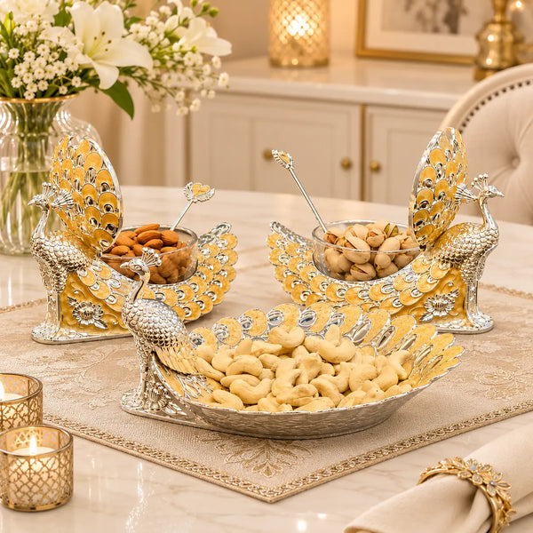 Premium Peacock Serveware Set of 3 | Dry Fruit & Cheese Board, Appetizer Tray with Candy Jar | Premium Tableware for Home Entertaining & Modern Serving | Wedding, Housewarming & Corporate Gifts | By Aakrati