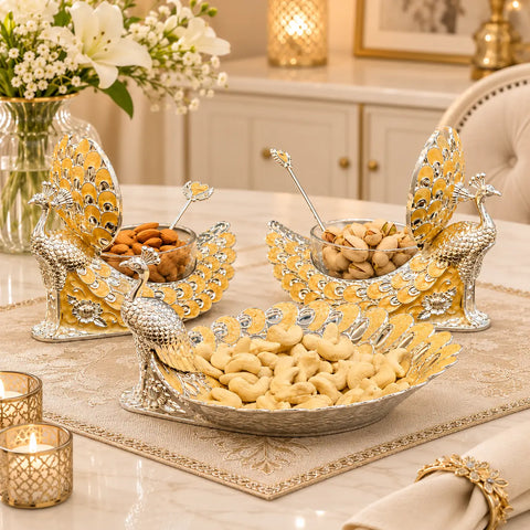 Premium Peacock Serveware Set of 3 | Dry Fruit & Cheese Board, Appetizer Tray with Candy Jar | Premium Tableware for Home Entertaining & Modern Serving | Wedding, Housewarming & Corporate Gifts | By Aakrati