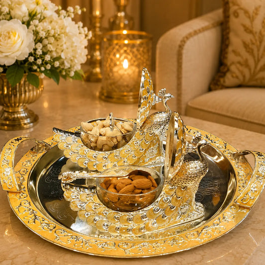 Premium Peacock Serveware Set of 3 | Dry Fruit & Cheese Board, Appetizer Tray with Candy Bowls | Premium Tableware for Home Entertaining & Modern Serving | Wedding, Housewarming & Corporate Gifts | By Aakrati