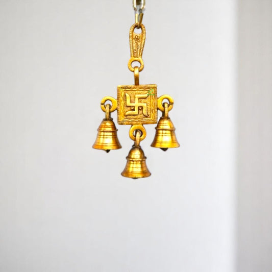 Brass Swastik Wall Hanging Wind Chime with Bells | Decorative Home Gift | Religious swastik brass hanging bell with 3 little bells ( Yellow, 6.8 inch)