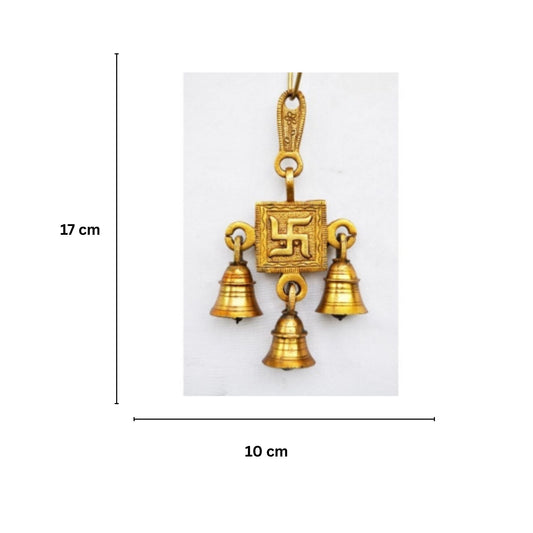 Brass Swastik Wall Hanging Wind Chime with Bells | Decorative Home Gift | Religious swastik brass hanging bell with 3 little bells ( Yellow, 6.8 inch)