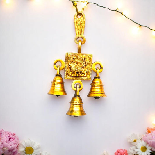 Brass Durga Engraved Wind Chime | Sacred Wall Hanging for Divine Blessings & Protection | Brass Wall Hanging Item ( Yellow, 6.8 inch)