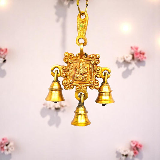 Handmade Designer Brass Wind Chime | Spiritual Wall Hanging for Blessings | Brass Ganesha Wall Hanging ( Yellow, 7 inch)