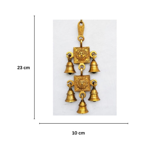 Divine Brass Sun Face Wind Chime | Traditional Shubh Labh Décor for Spiritual Blessings | Religious Brass Wall Hanging ( Yellow, 9.2 inch)