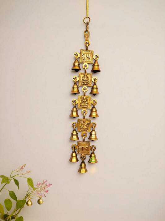 Brass Ganesha Wall Hanging Wind Chime | Divine Spiritual Decoration for Your Home | Brass Wall Hanging With 11 Little Bell ( Yellow, 18.4 inch)