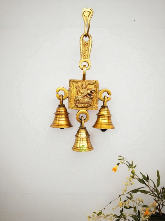 Saraswati Brass Wind Chime | Perfect Home Decoration for Good Luck & Knowledge | Traditional Brass Wall Hanging Wind Chime ( Yellow, 6.8 inch)