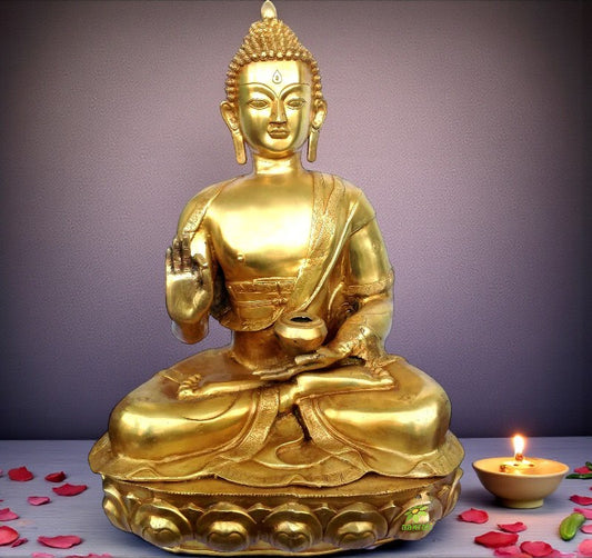 Buddha Idol in Brass | A Perfect Harmony of Style and Spirit | Brass Buddha Figurine ( Yellow, 34 inch)