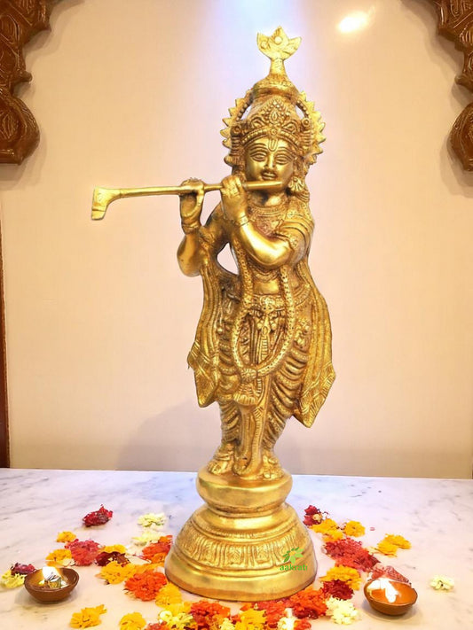 Handcrafted Brass Krishna Murti | Traditional Idol for Home Decoration and Pooja | Brass Krishna Idol ( Yellow, 18 inch)