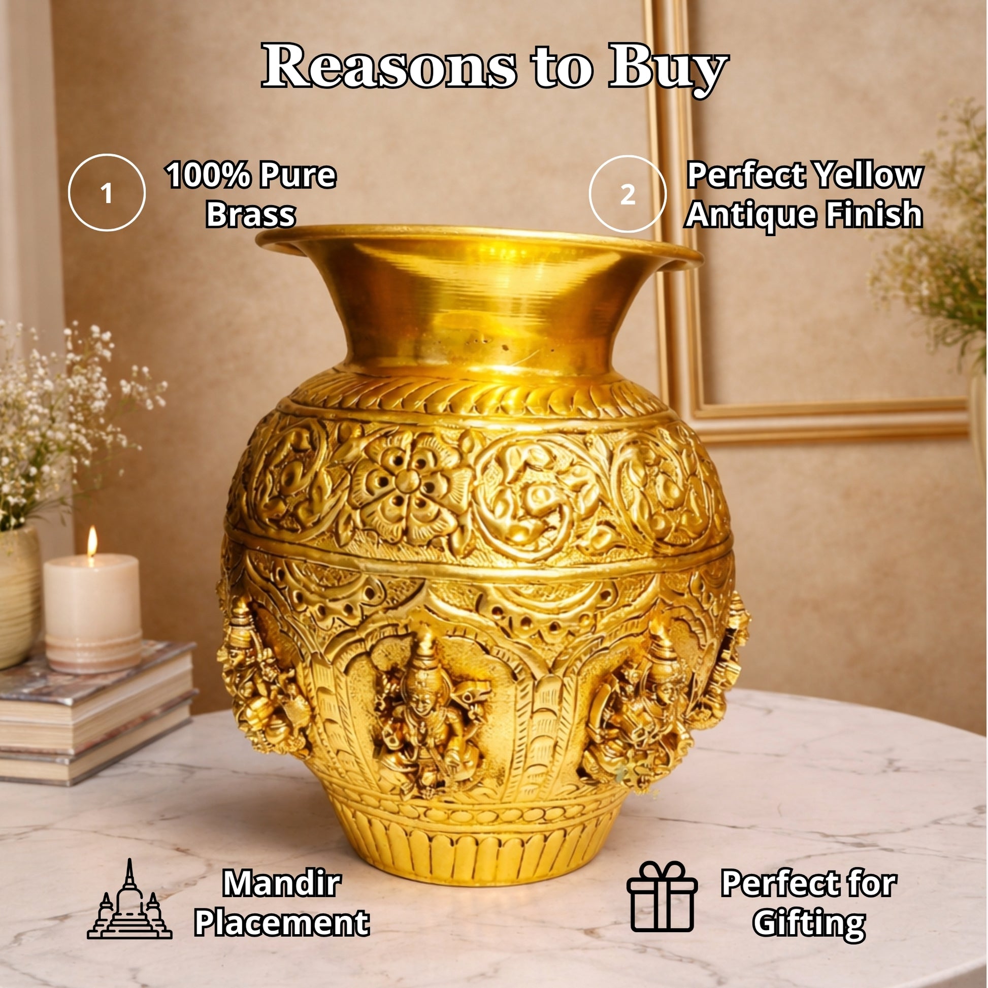 Brass Ashtalakshmi Kalash | 8 Lakshmi Devi Engraved Puja Kalash | Puja Kalash (Yellow, 7 Inch) Aakrati