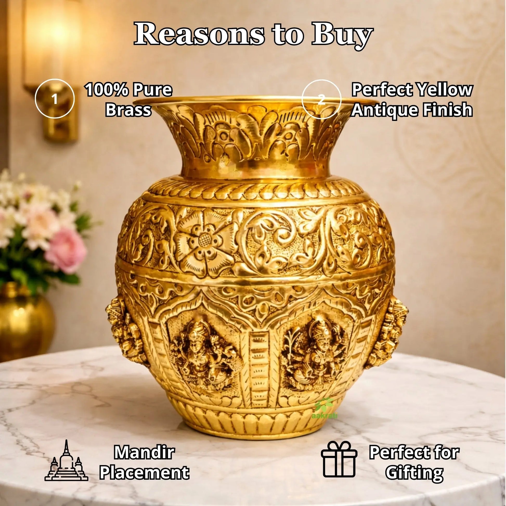 Premium Brass Ashtalakshmi Puja Kalash | Ideal Gift for Diwali, Wedding & Housewarming | Ashtalakshmi Engraved Brass Kalash for Pooja (Yellow, 6 Inches) Aakrati