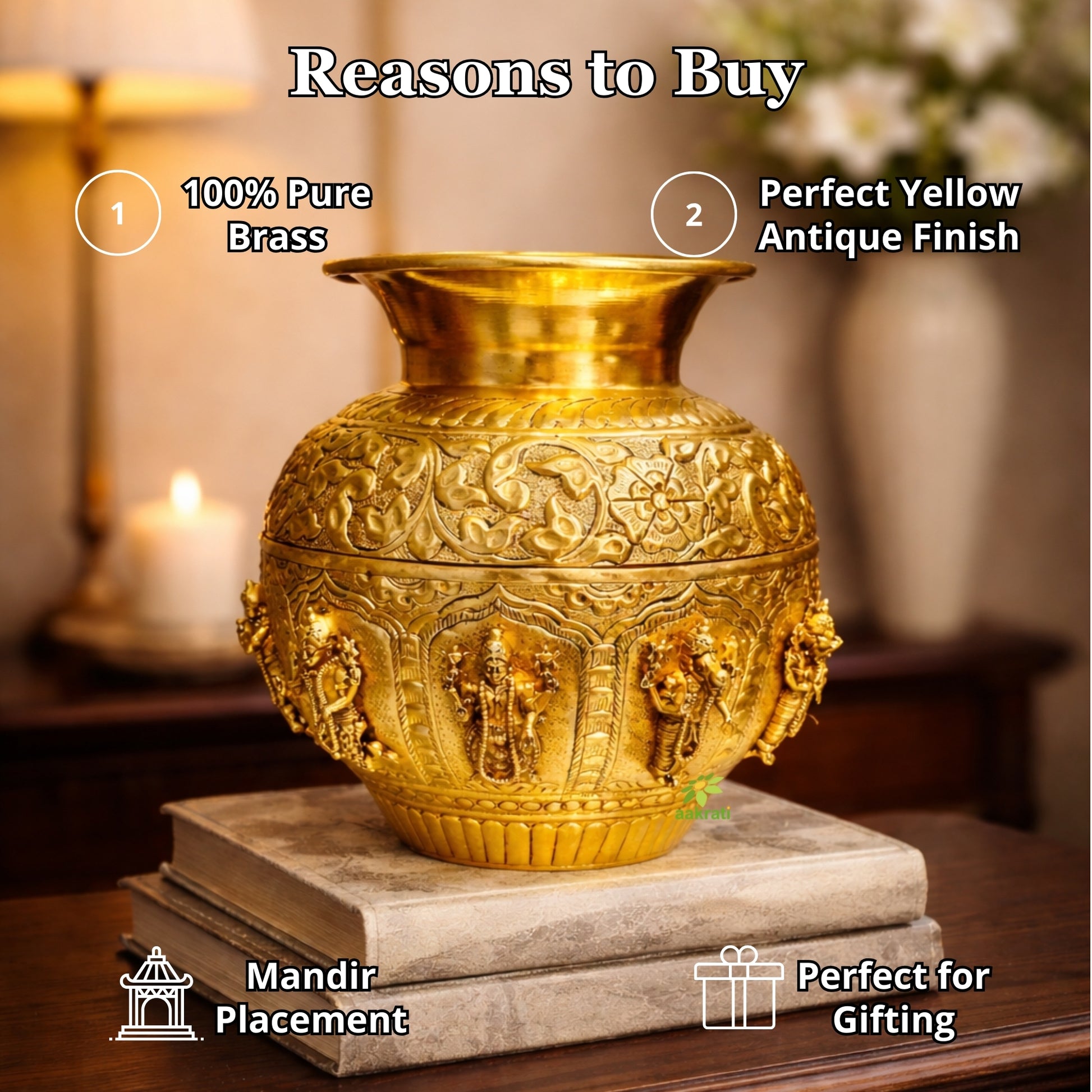 Dashavatar Brass Kalash for Pooja | Brass Dashavatar Puja Kalash | Traditional Hindu Puja Vessel (Yellow, 7 Inches) Aakrati