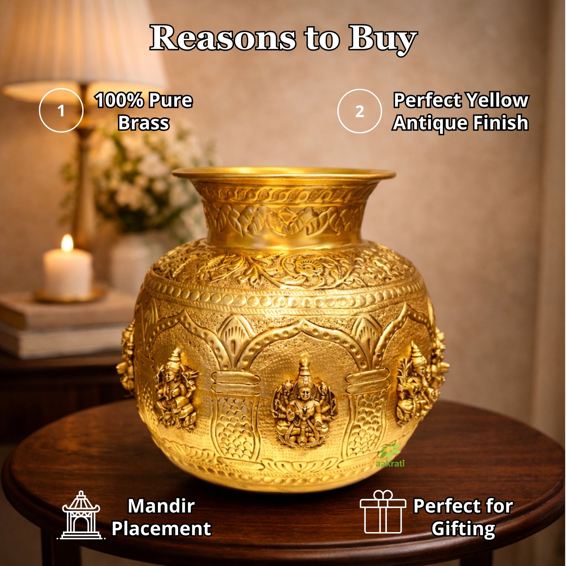 Brass Ashtalakshmi Kalash for Pooja | Auspicious Puja Kalash for Hindu Rituals | Brass Ashtalakshmi Kalash (Yellow, 9 Inches) Aakrati