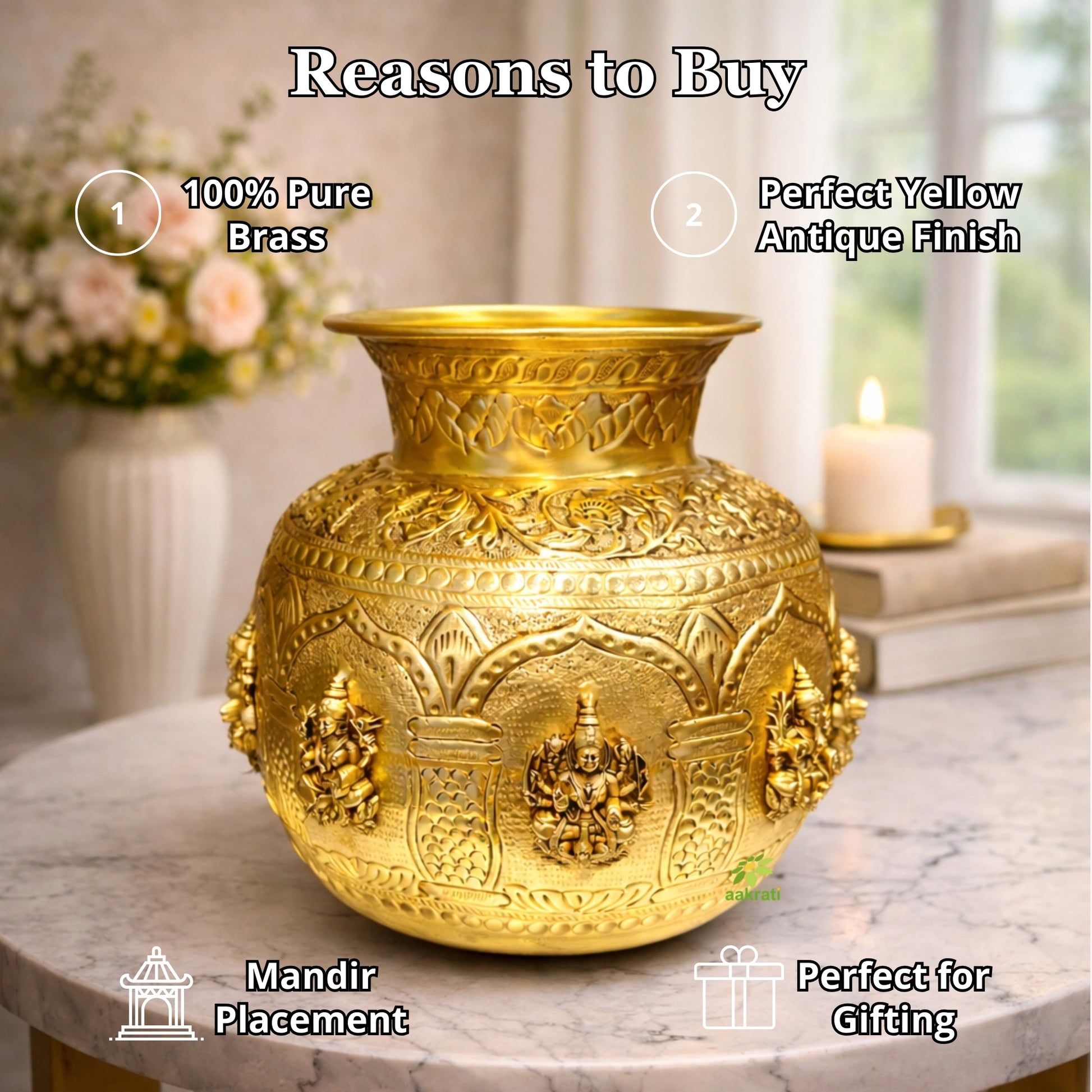 Brass Ashtalakshmi Puja Kalash | Ashtalakshmi Engraved Puja Kalash | Ashtalakshmi Kalash for Pooja (Yellow, 7.3 Inches) Aakrati