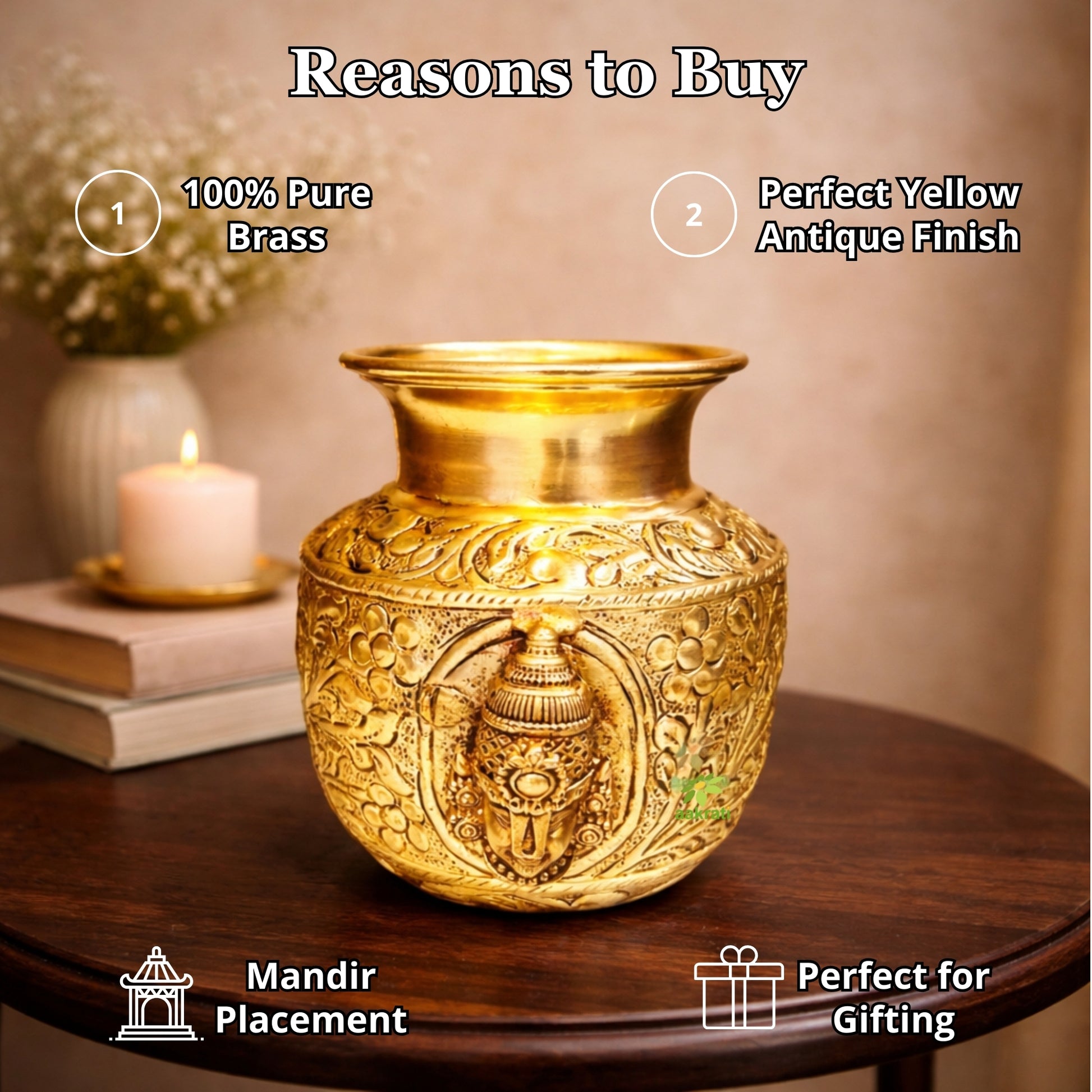 Brass Tirupati Balaji Face Pooja Kalash | Ideal Gift for Diwali & Housewarming | Brass Puja Kalash (Yellow, 5.5 Inches) Aakrati