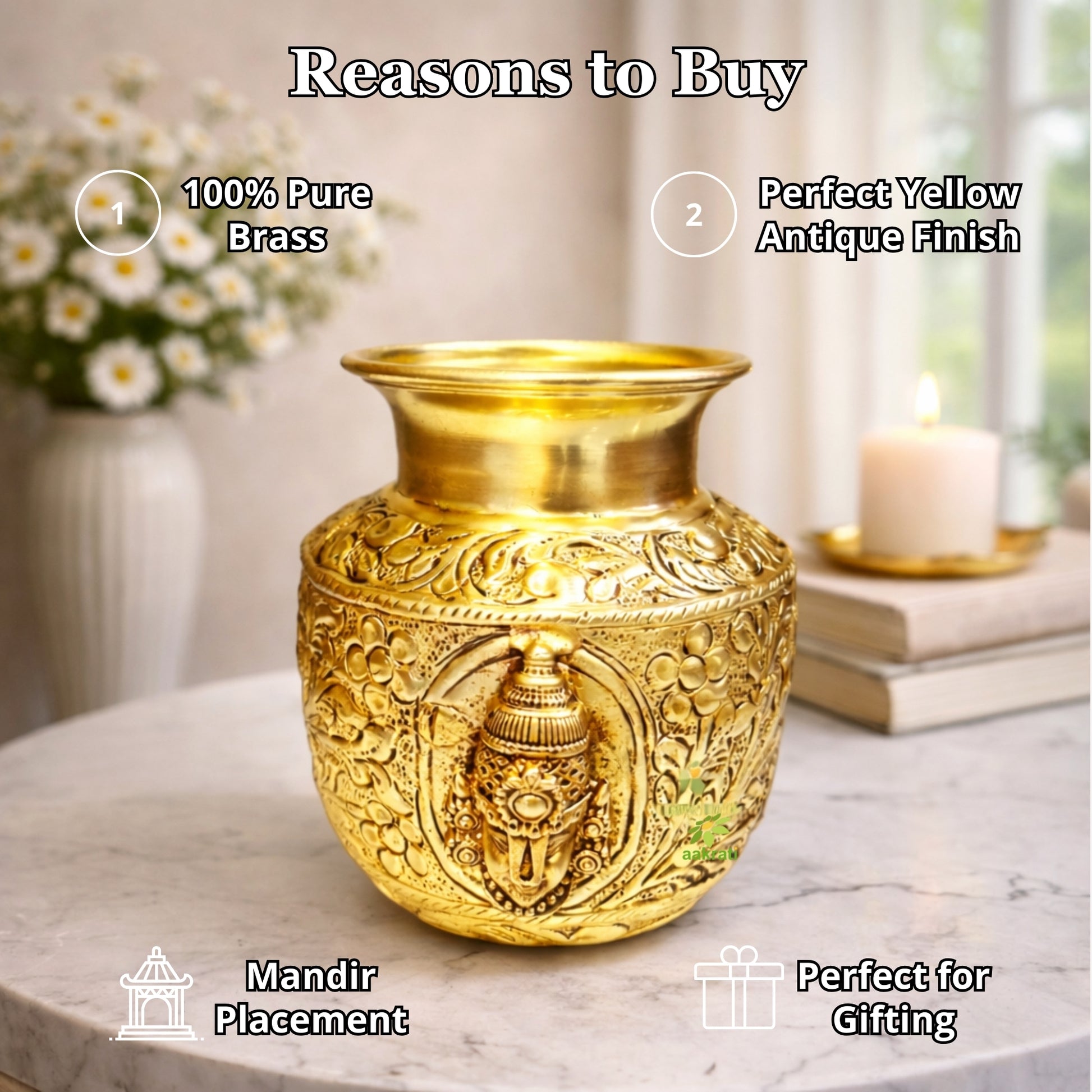 Brass Tirupati Balaji Mukha Puja Kalash | Spiritual Puja Pot for Mandir & Temple | Balaji Puja Kalash (Yellow, 5 Inches) Aakrati