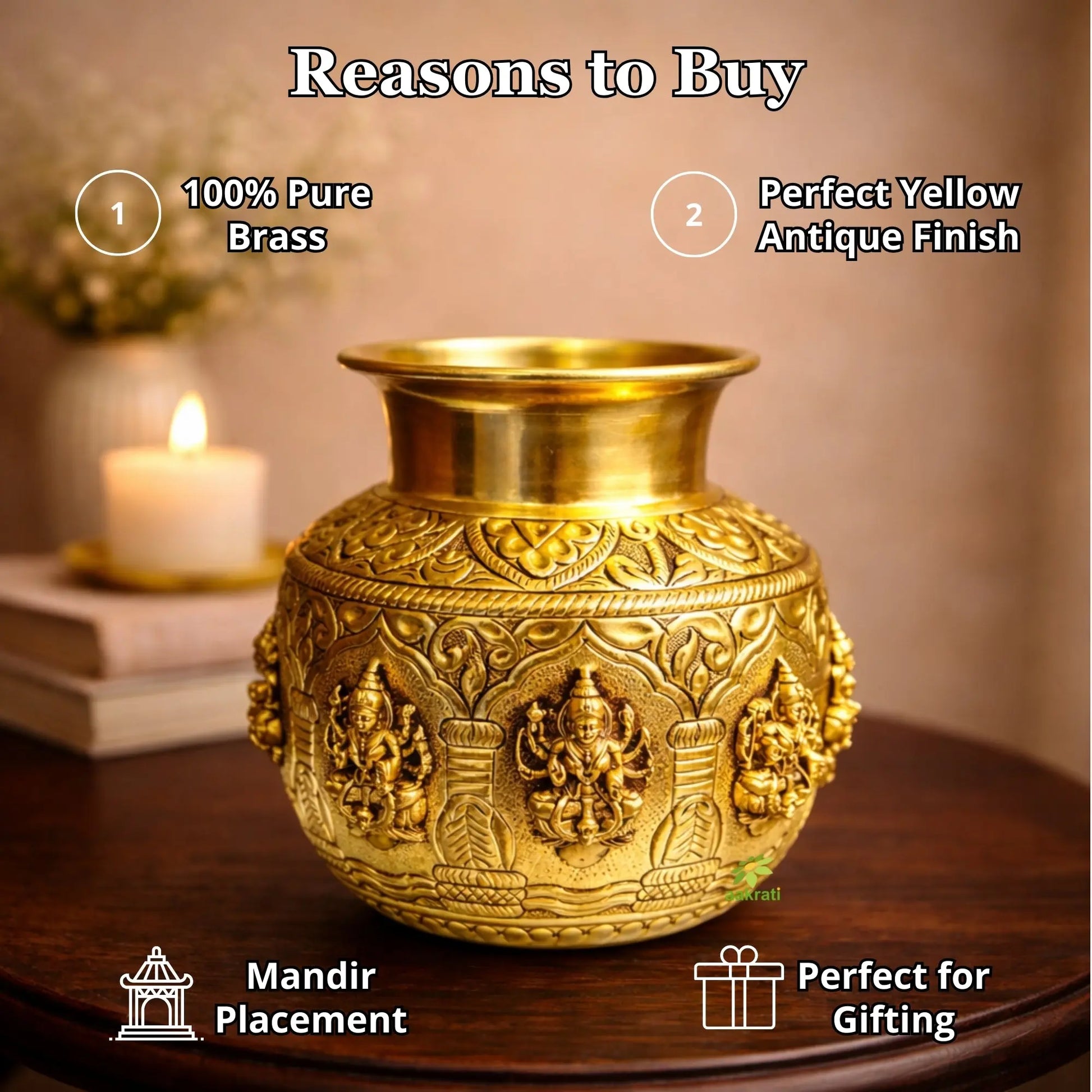 Brass Ashtalakshmi Kalash for Pooja | Auspicious Puja Kalash for Hindu Rituals | Brass Ashtalakshmi Kalash (Yellow, 5.5 Inches) Aakrati