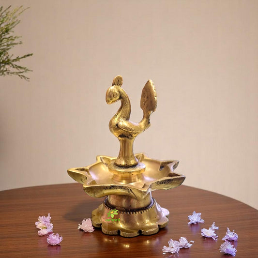 Handcrafted Brass Peacock Diya | Ideal for Housewarming and Pooja | Peacock Shape Brass Deepam ( Yellow, 3.5 inch)