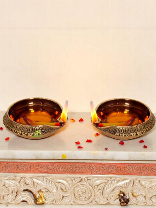 Handmade Indian Puja Brass Oil Lamp - Diya Lamp Engraved Design Dia - 3 inch (Set of 2)