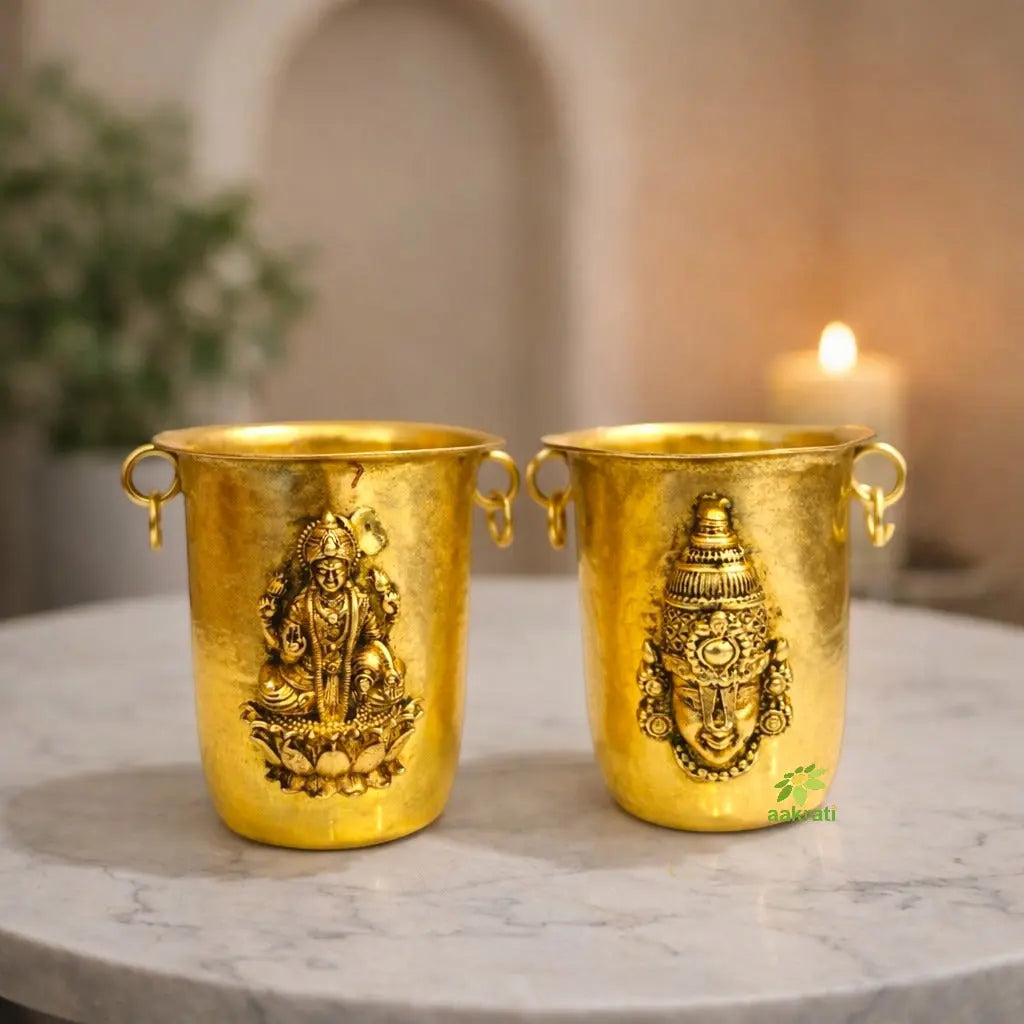 Brass Balaji Lakshmi Pooja Glass Lightweight| Premium Brass Balaji Lakshmi Glass| Pooja glass for Home Temple & Gifting (Yellow, 3.2 Inches) Aakrati
