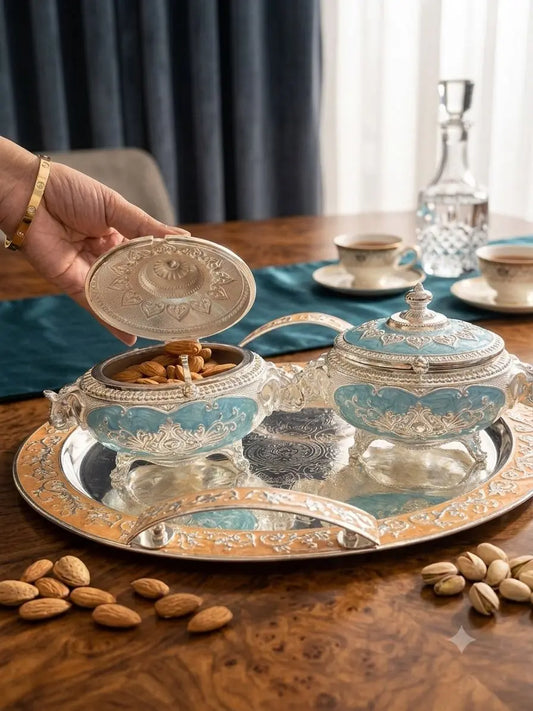 Premium Serveware Set of 3 | Dry Fruit & Cheese Board, Appetizer Tray with Candy Bowls | Premium Tableware for Home Entertaining & Modern Serving | Wedding, Housewarming & Corporate Gifts | By Aakrati