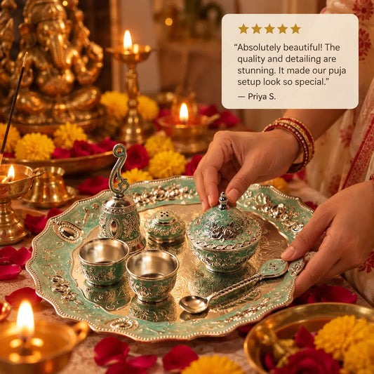 Premium Pooja Thali Set (7pcs) | Elegant Gift for Diwali, Wedding Return Gifts, Housewarming & Table Decor | Festive & Corporate Gift By Aakrati