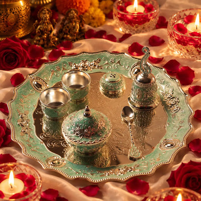 Premium Pooja Thali Set (7pcs) | Elegant Gift for Diwali, Wedding Return Gifts, Housewarming & Table Decor | Festive & Corporate Gift By Aakrati