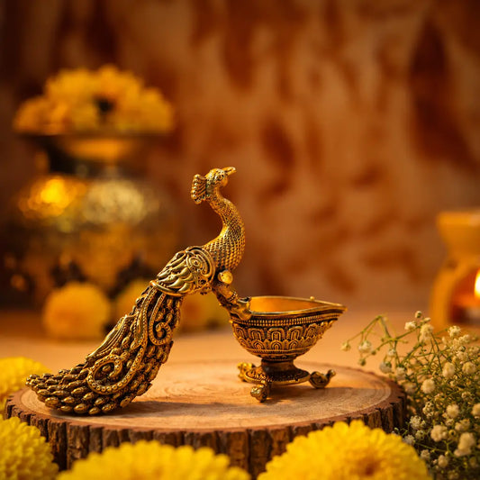 Brass Peacock Diya | Decorative Oil Lamp for Festive Lighting & Gifting | Light Weight Brass Diya (Yellow, 3 Inches)